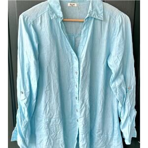 Symple NYC Sz S 100% Linen Aqua Blue Button Front Asymmetric Hem Tunic Lagenlook